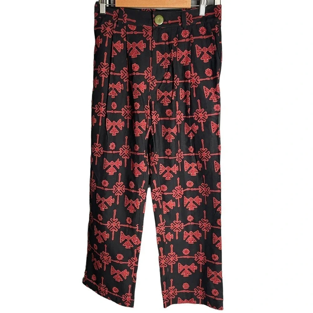Alix of Bohemia Ikat Printed Straight Leg Trousers Black Red